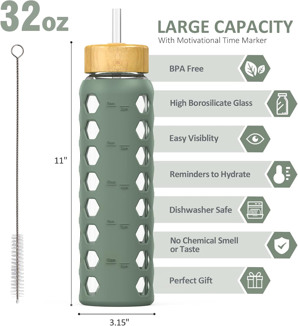 MUKOKO 32oz Glass Water Bottles with 2 Lids-Handle Spout Lid&Bamboo Straw Lid, Motivational Water Tumbler with Time Marker Reminder and Silicone Sleeve, Leakproof-Olive-1 Pack