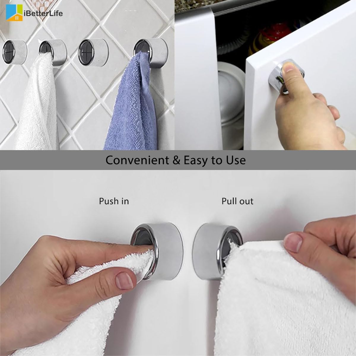iBetterLife Adhesive Towel Holder for Kitchen - 4 Pack Dish Towel Hooks for Cabinet, Push Hand Towel Hanger, Dish Cloth Rag Holder for Home Bathrooms, Kitchens, Garages, RV, Within Easy Reach, Grey