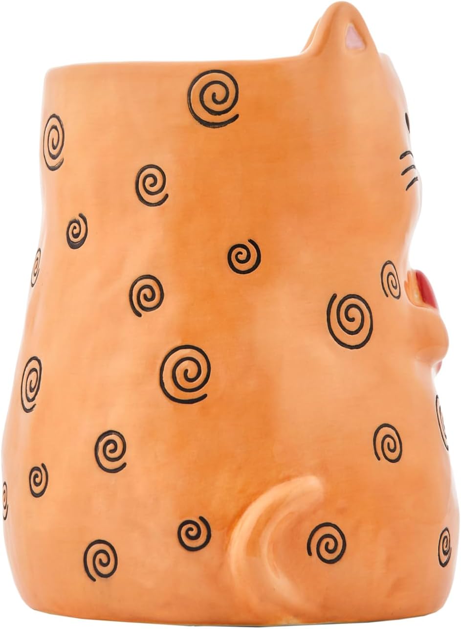 Bico Cartoon Cat Handpainted Stoneware Orange 7.8 inch Utensil Holder, Dishwasher Safe