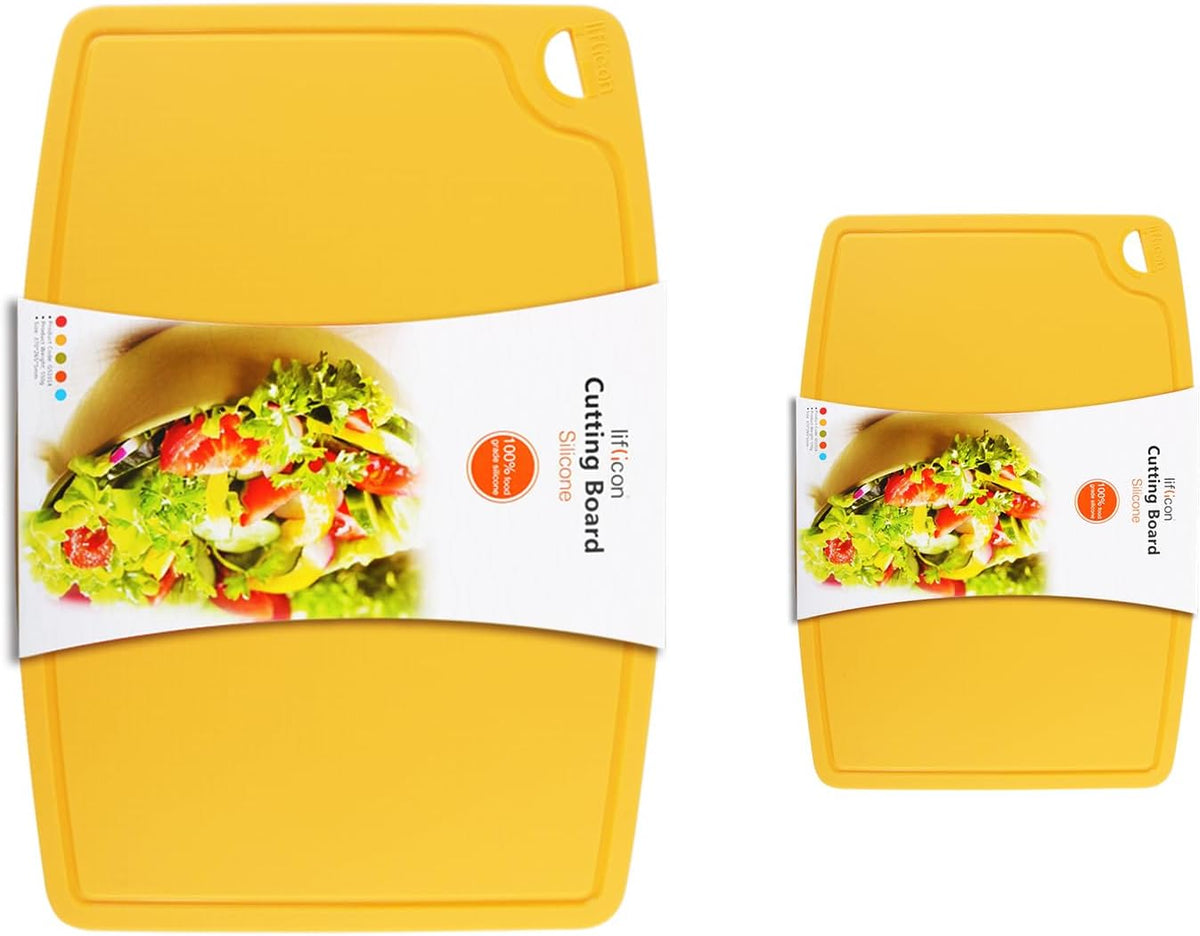 Thick Silicone Cutting Boards for Kitchen Silicone Chopping Boards/Mats Set of 2 Extra Large14.6''x10.43'', Mini 9.1”x7.1” Non-slip Deep Drip Juice Groove, Dishwasher Safe-Yellow
