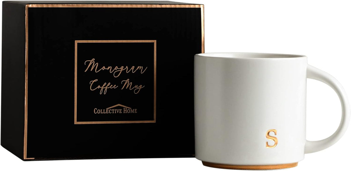 COLLECTIVE HOME - Monogram Ceramic Mugs, 15 oz Golden Initial Coffee Cups, Elegant Alphabet Tea Mugs, Elegant Personalized Mug with Gift Box, Luxurious Cups for Office and Home (s)