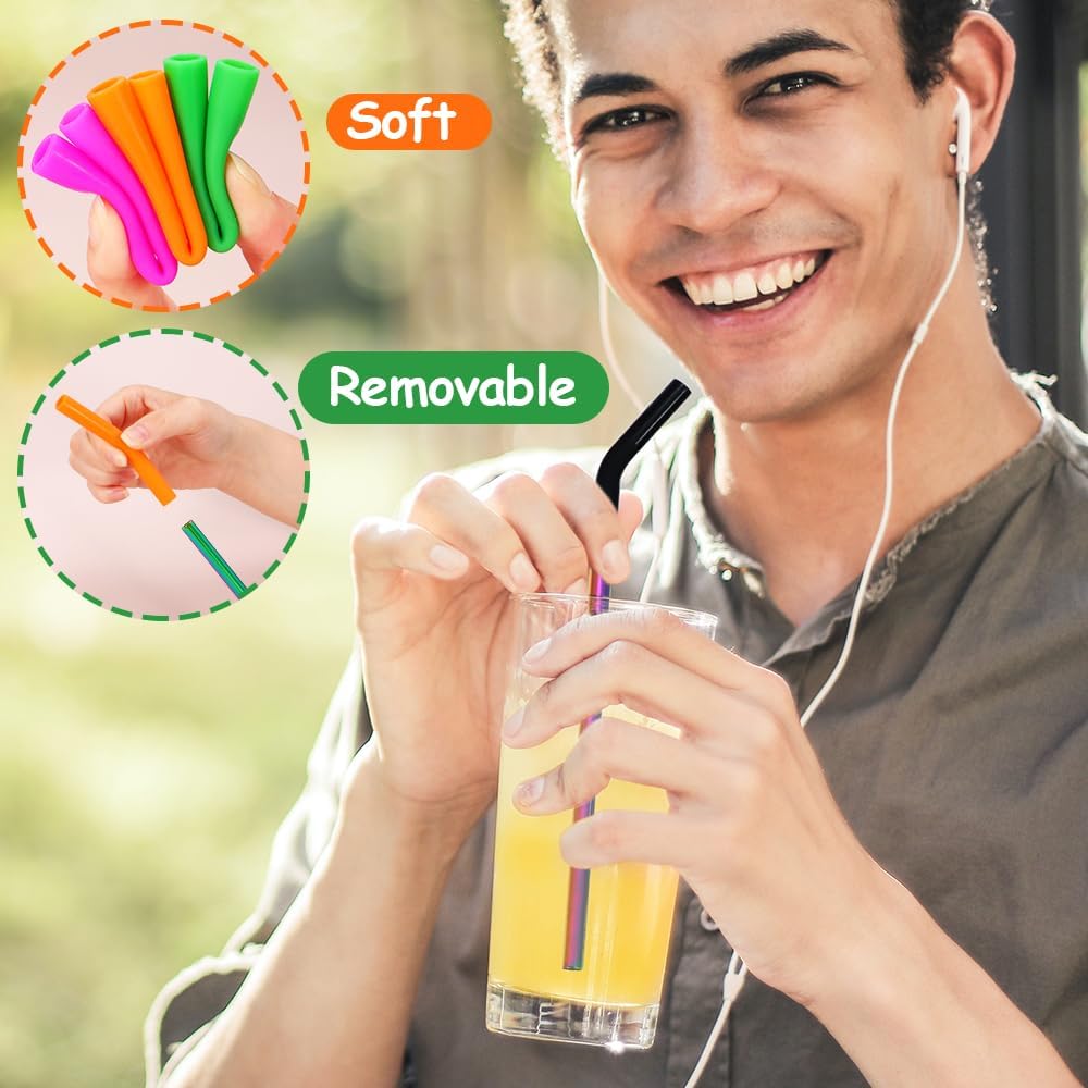 Lazycorner Reusable Stainless Steel Straws Metal Straw with Silicone Tip 5 Pcs 8mm Wide for 20/30/32oz Tumblers Smoothies and Shakes with 2 Cleaning Brushes,1 Portable Bag (Rainbow)