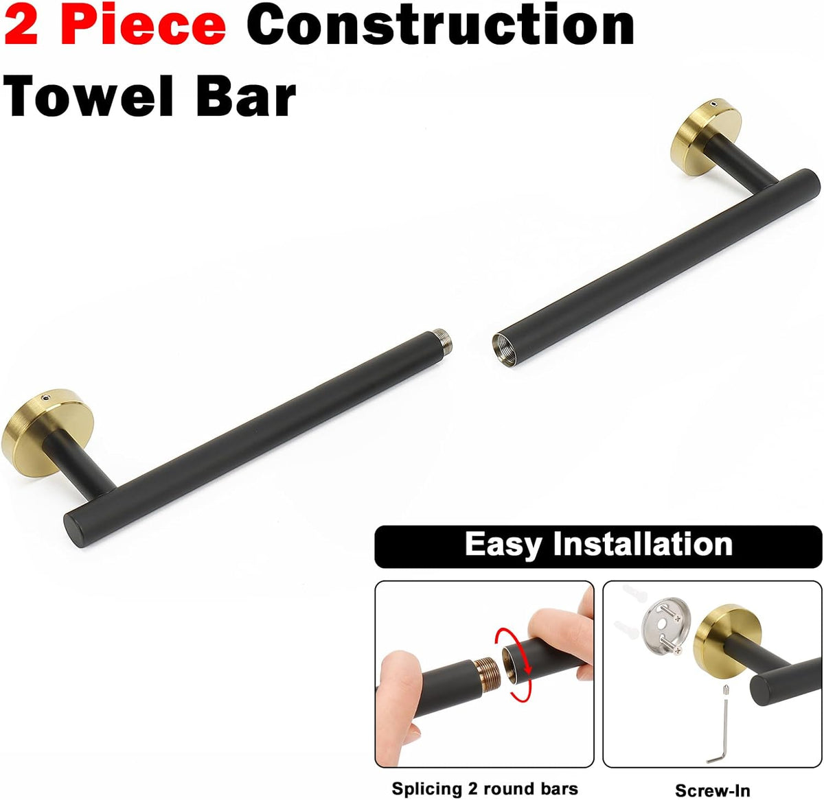NearMoon Bath Towel Bar, Bath Accessories Thicken Stainless Steel Shower Towel Rack for Bathroom, Towel Holder Wall Mounted (1 Pack, Matte Black & Gold, 24 Inch)