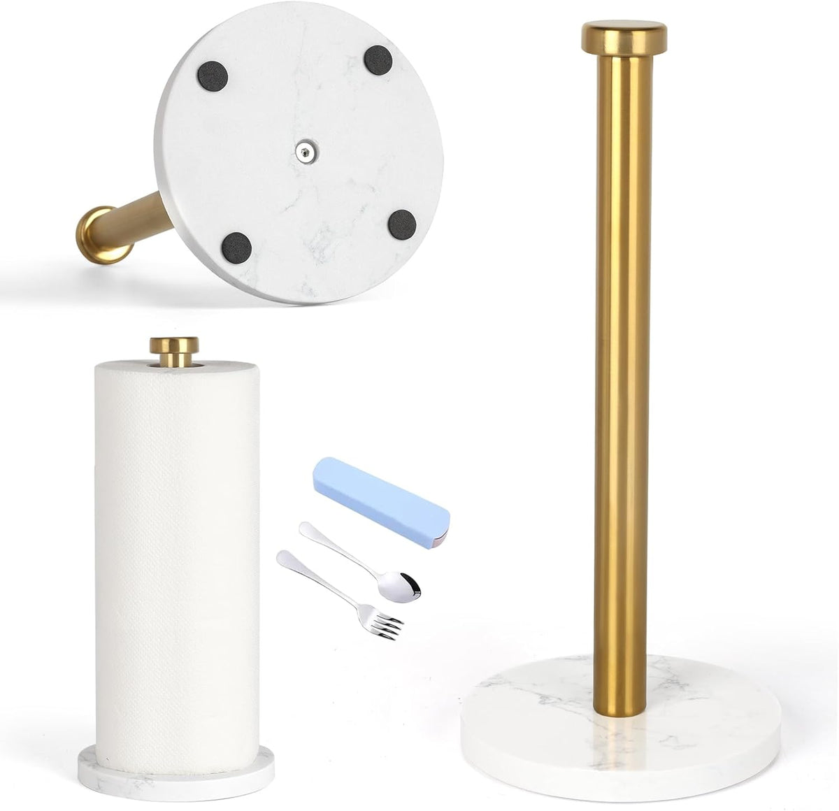 Standing Paper Towel Holder, Kitchen Paper Towel Roll Holder- for Bathroom Kitchen Countertop with Weighted Marble Base for One-Handed Operation (Gold), Marble Paper Towel Holder.…