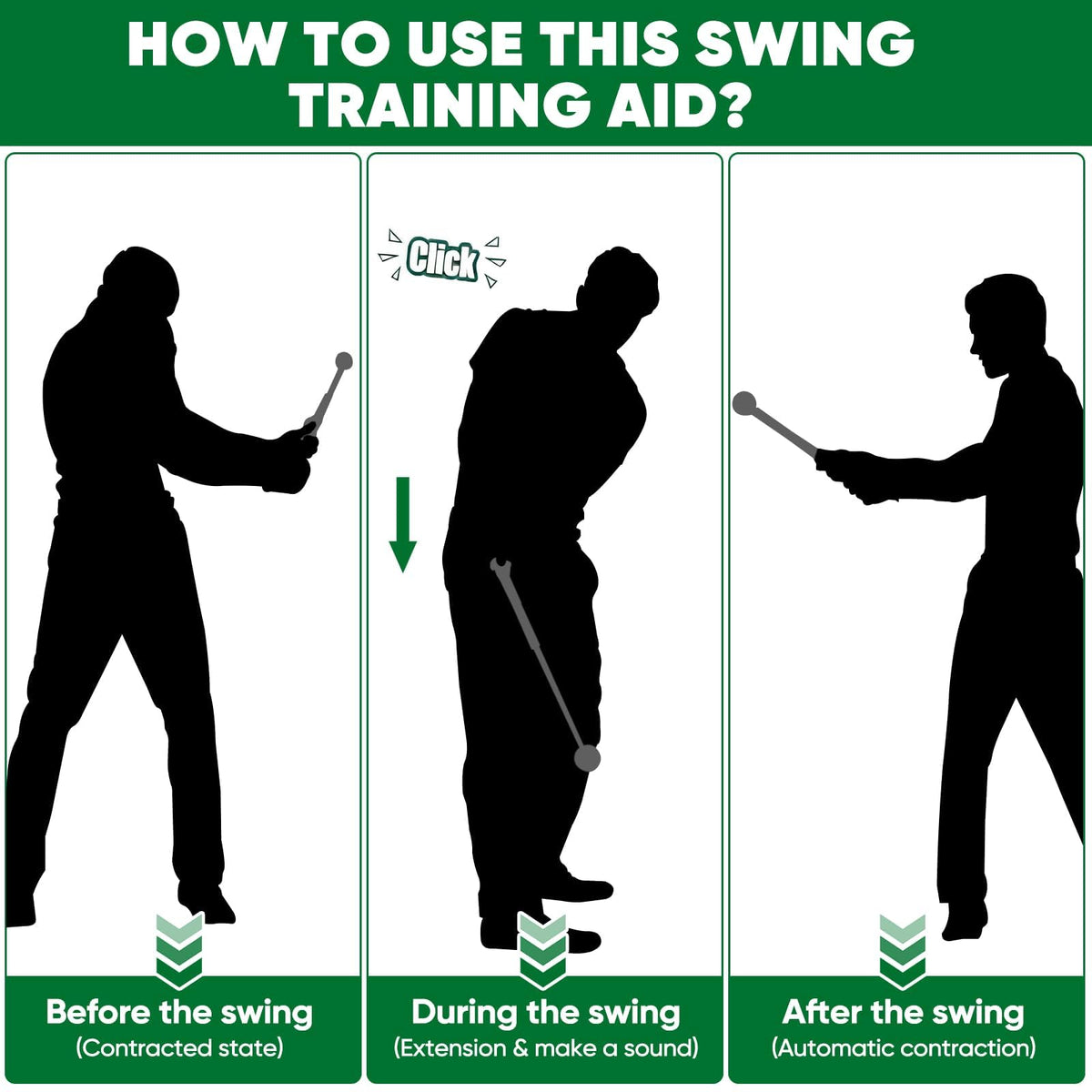 Retractable Golf Swing Trainer with Right-Handed Golf Grip Trainer and Arm Band, Click Feedback Training Aid for Grip Correction, Tempo, Rhythm, Release Timing