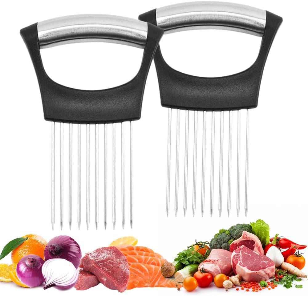Onion Holder for Slicing, Stainless Steel Onion Slicing Rack, 2024 Upgraded Slicer, Lemon Slicer Vegetable Cutter, Home Kitchen Tools, Fruit, Lemon Slice Aids (Square-2pcs)