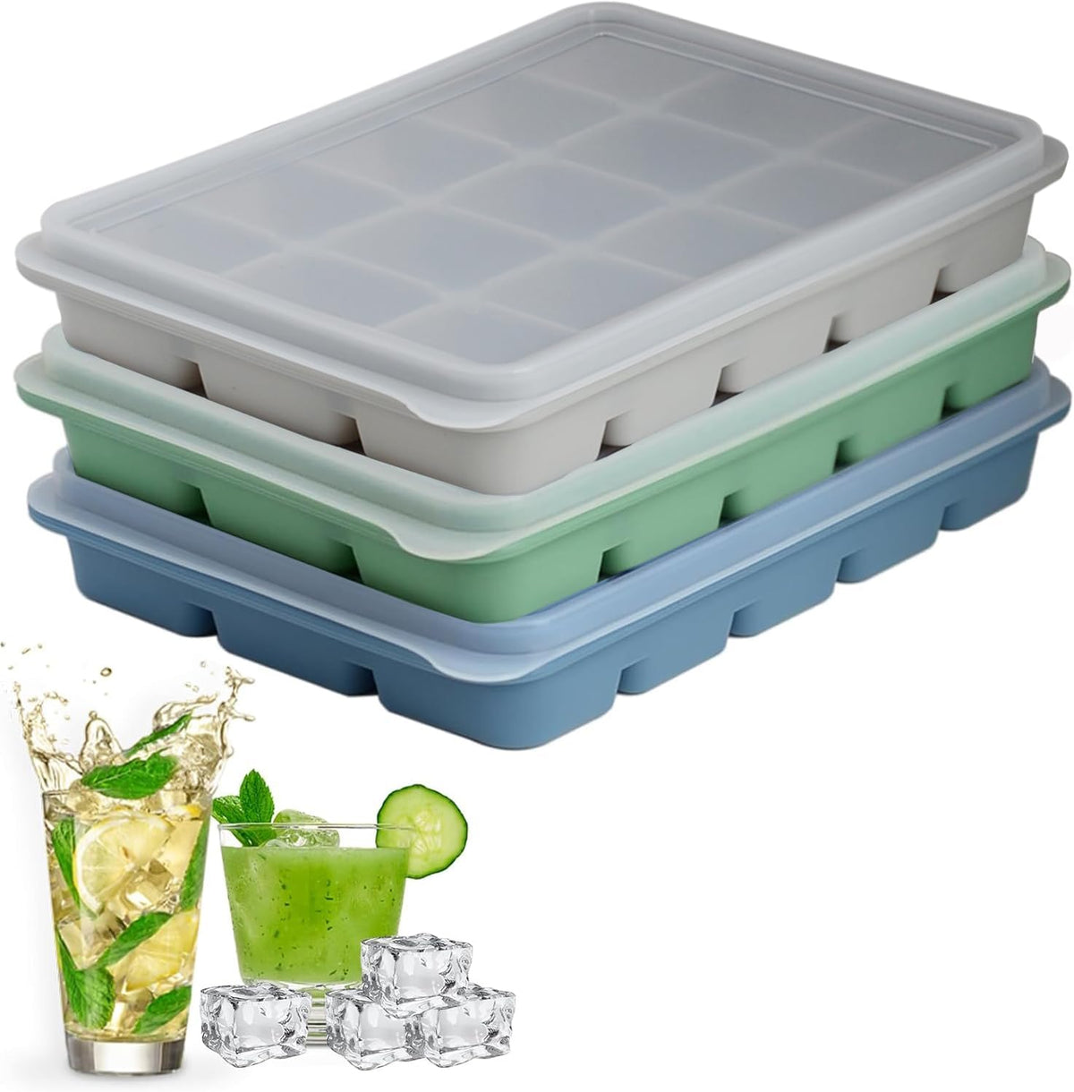 Ice Cube Trays Set of 3, Easy Release 15 Flexible Silicone Ice Cube Molds with Removable Lid Reusable Freezer Ice Trays Stackable for Whiskey, Baby Food, Green+Blue+Grey