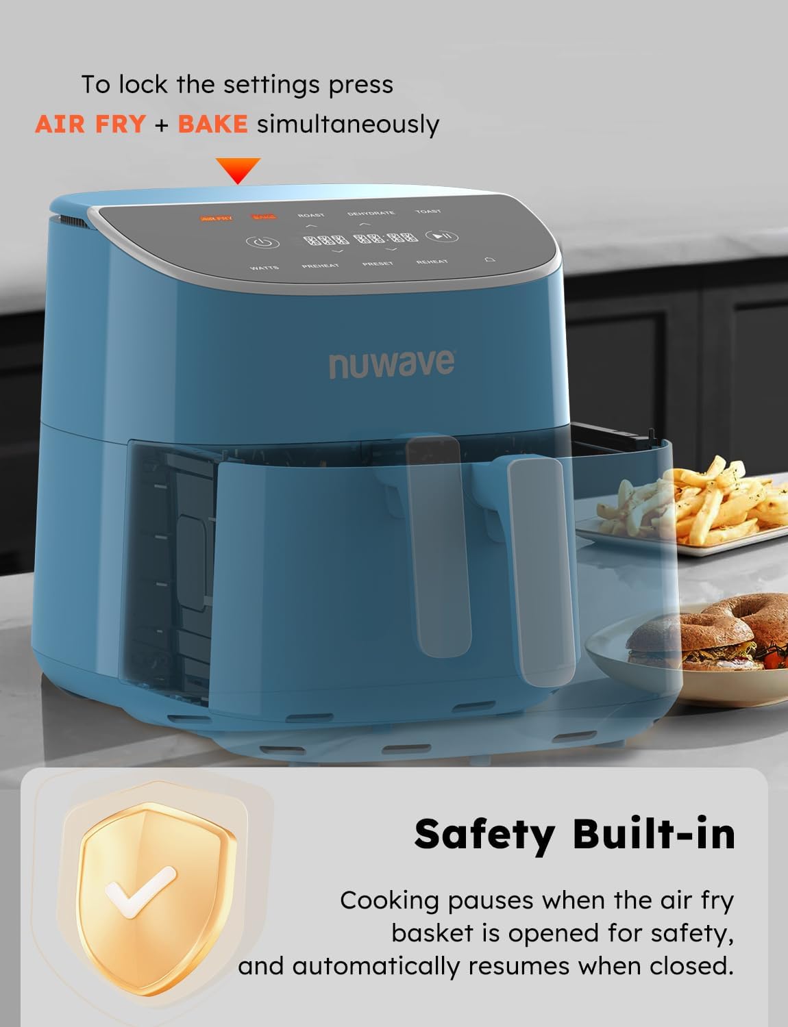 Nuwave Brio Plus 8 Qt Air Fryer, PFAS Free, New & Improved, Digital Touch Screen, Cool White Display, 50°F~400°F in Precise 5°, 5 Cook Functions, 100 Presets & 50 Memory, 3 Wattages 700, 1500, 1800