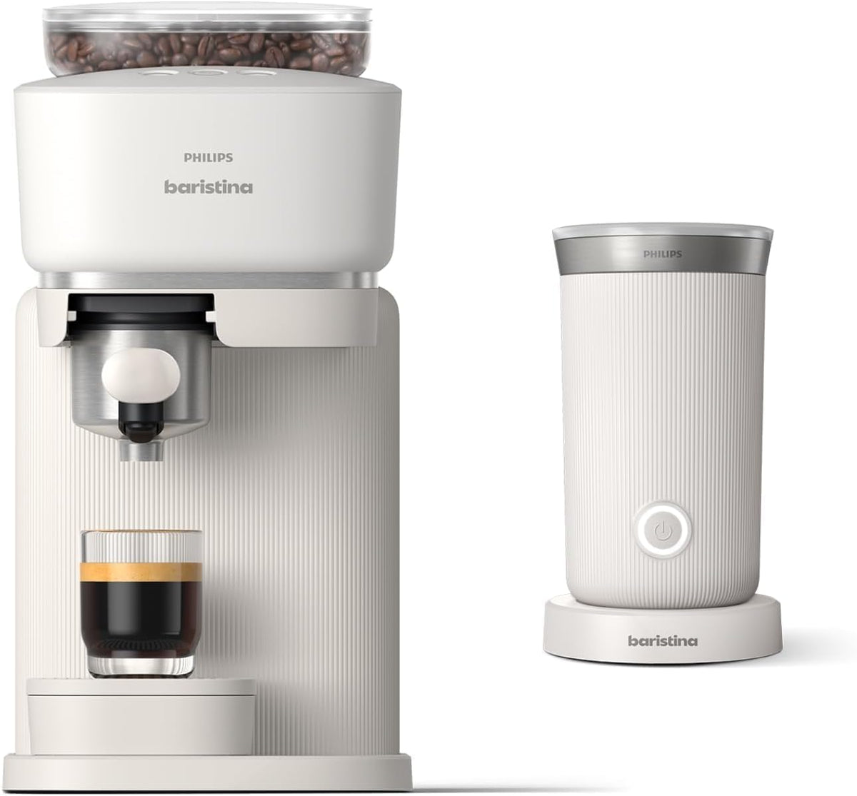 Philips Baristina Espresso Machine+Milk Frother Bundle. Real espresso. Compact coffee machine, portafilter, grinder, Cafe Crema. Dairy & Non-Dairy Milk foam. Hot & Cold. Easy Clean. White (BAR303/00)