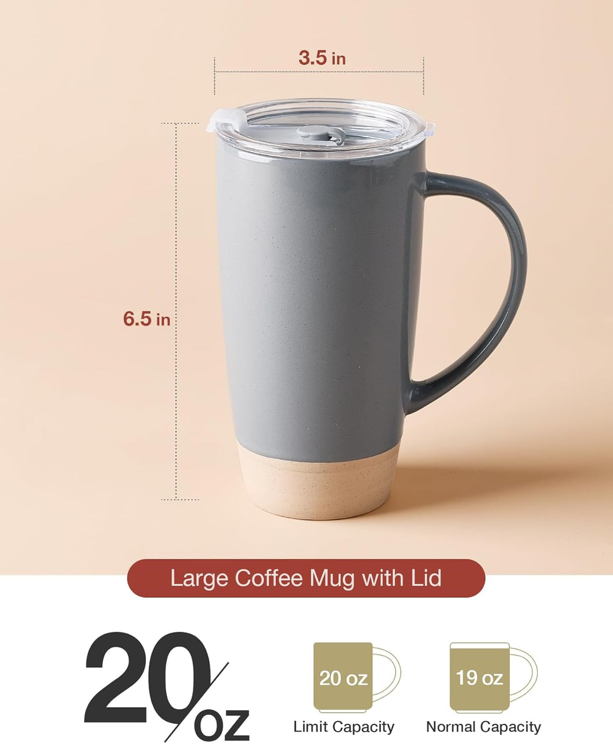 famiware Milkyway Coffee Mugs, 20oz Large Coffee Mug, Ceramic Mug Set of 2 with Lid, Cup Set with Handle for Latte, Tea, Cocoa, Milk, Home & Office, Light Gray and Dark Gray