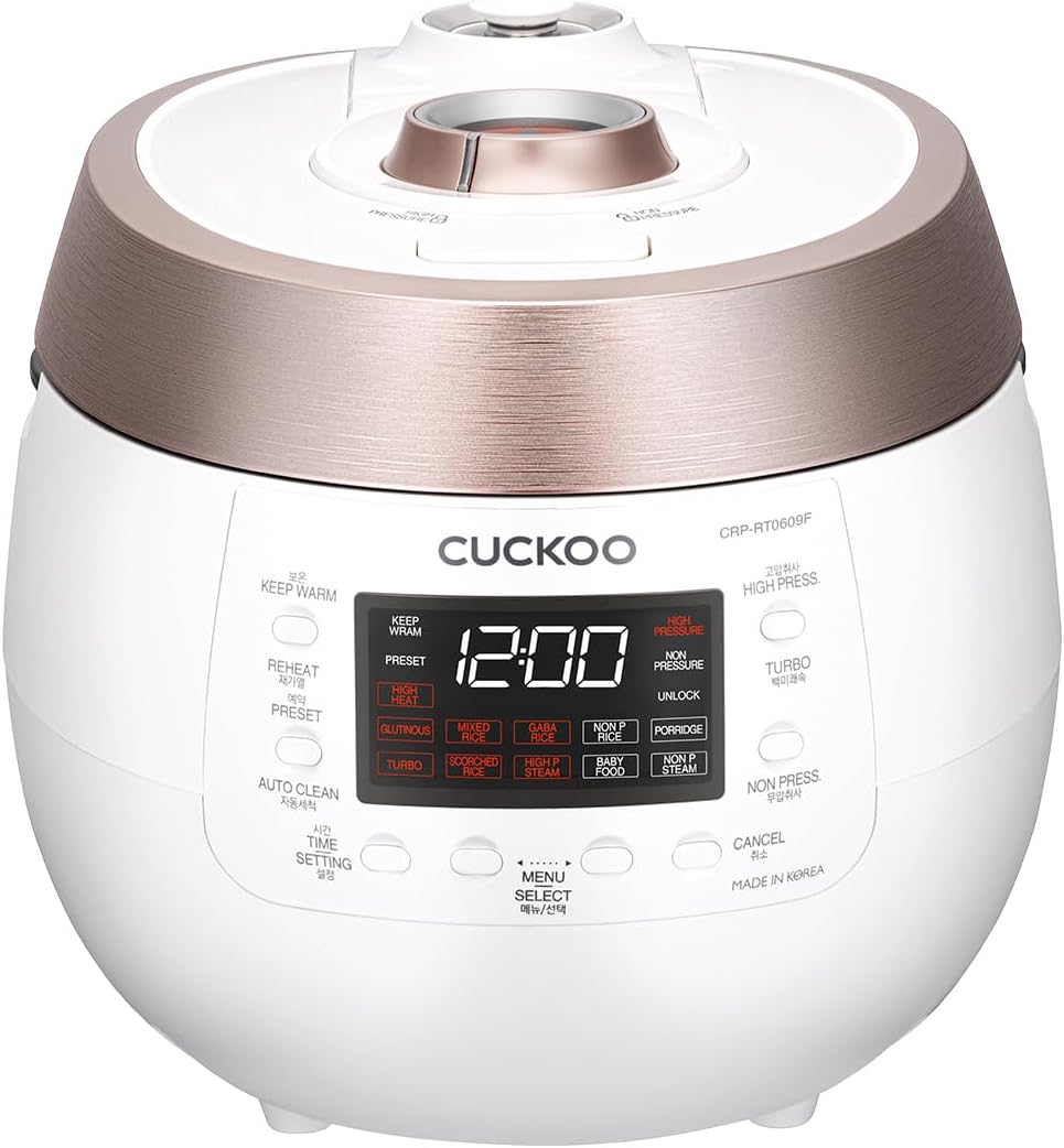 CUCKOO CRP-RT0609FW 6-Cup (Uncooked) / 12-Cup (Cooked) Twin Pressure Rice Cooker & Warmer with Nonstick Inner Pot, 14 Menu Options, Safe Steam Release, 3 Voice Guide, Auto Clean (White)