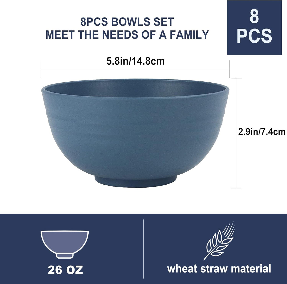 Wheat Straw Bowl Sets,8 PCS Unbreakable Cereal Bowl 26 OZ,Microwave and Dishwasher Safe Bowls,Bowl Sets for Camping and Picnic BPA Free Colorful Salad Bowls for Serving Soup,Oatmeal and Fruit Etc…