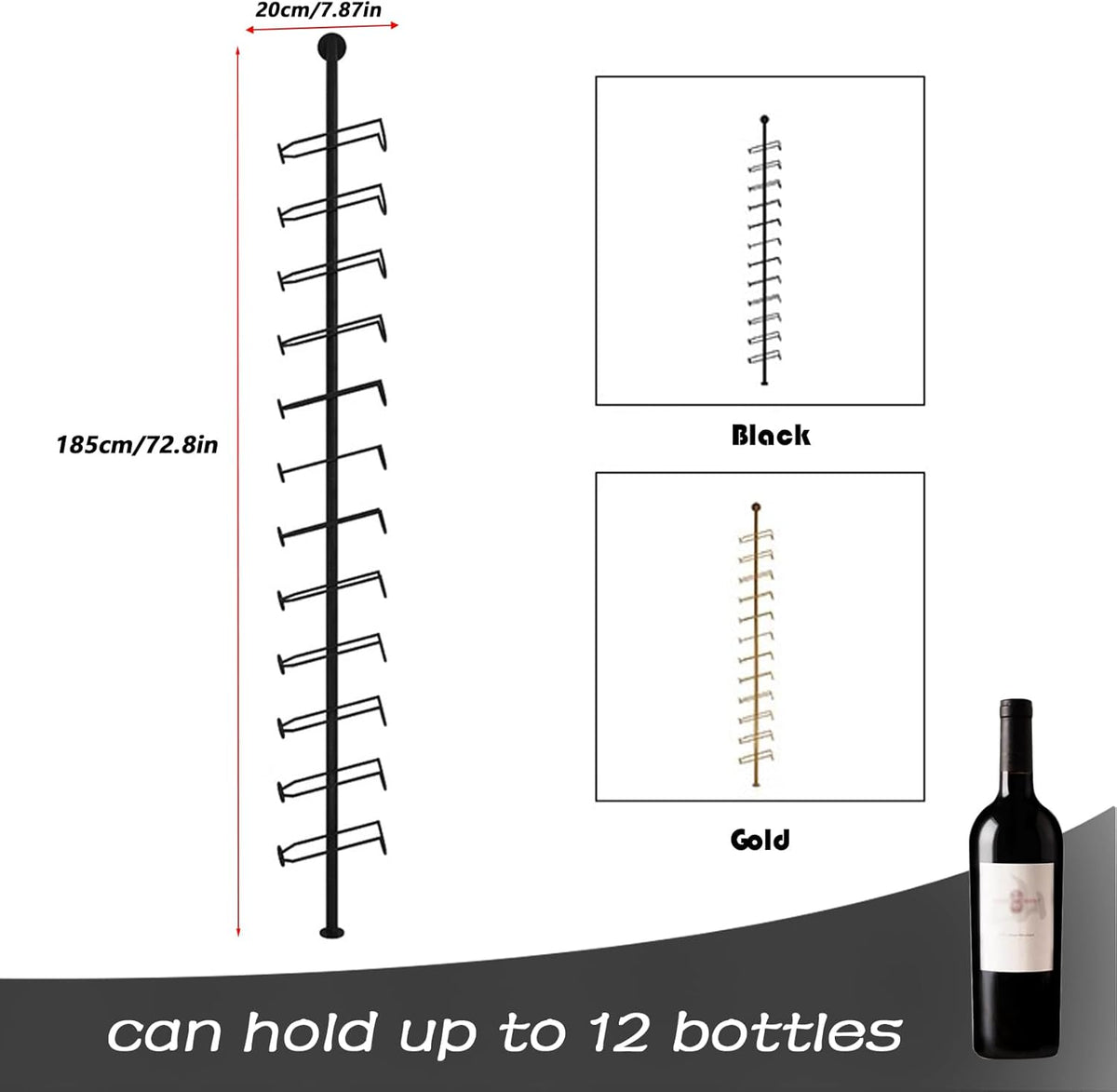 Wine Rack Wall Mounted, 72.8in High Metal Wine Bottle Holder for 12 Bottles, Kitchen Organization and Wine Storage for Commercial Restaurants Pantry Bar Wine Cellar (Black, Four rows-48 Bottles)