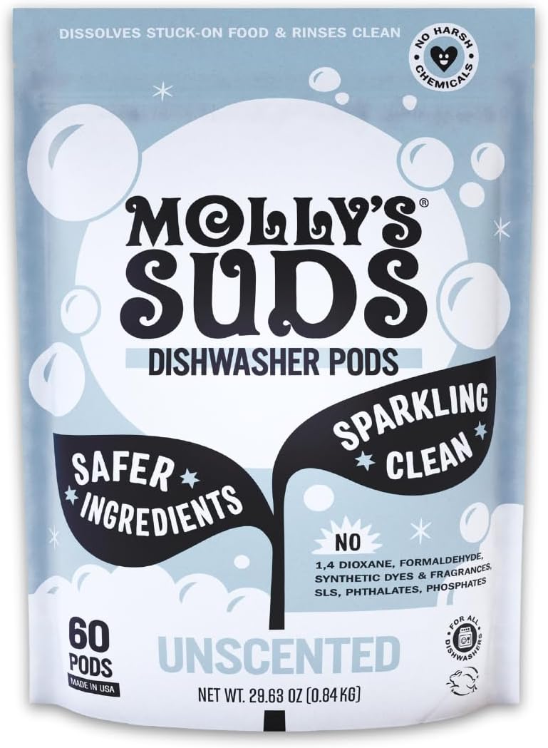 Molly's Suds Dishwasher Pods | Clean Dishwasher Detergent, Cuts Grease & Rinses Clean (Residue-Free) for Sparkling Dishes | 60 Auto-Release Tabs (Unscented)