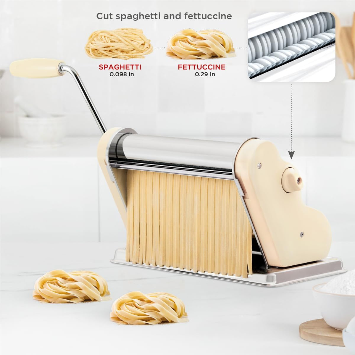 PASTALINDA Classic 260 Pasta Maker Machine, 26 cm Wide Rollers, 9 Thickness Positions, 2 Cutting Positions, Stainless Steel. Includes Reinforced Hand Crank And Two Clamps (Cream)