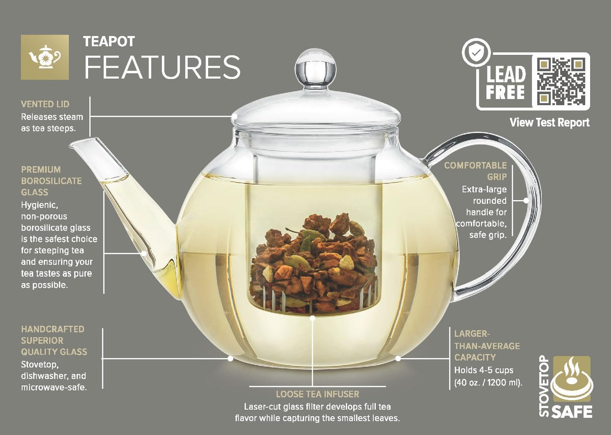 Teabloom Stovetop & Microwave Safe Glass Teapot with Removable Loose Tea Glass Infuser – Includes 2 Blooming Teas – 2-in-1 Tea Kettle and Tea Maker – Tea Purist's Choice