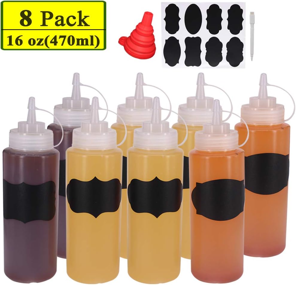 8 Pack 16-Ounce Plastic Squeeze Bottles for Food, Crafts, Art, Multi Purpose Set of 8 with extra 8 Chalk Labels and 1 Pen