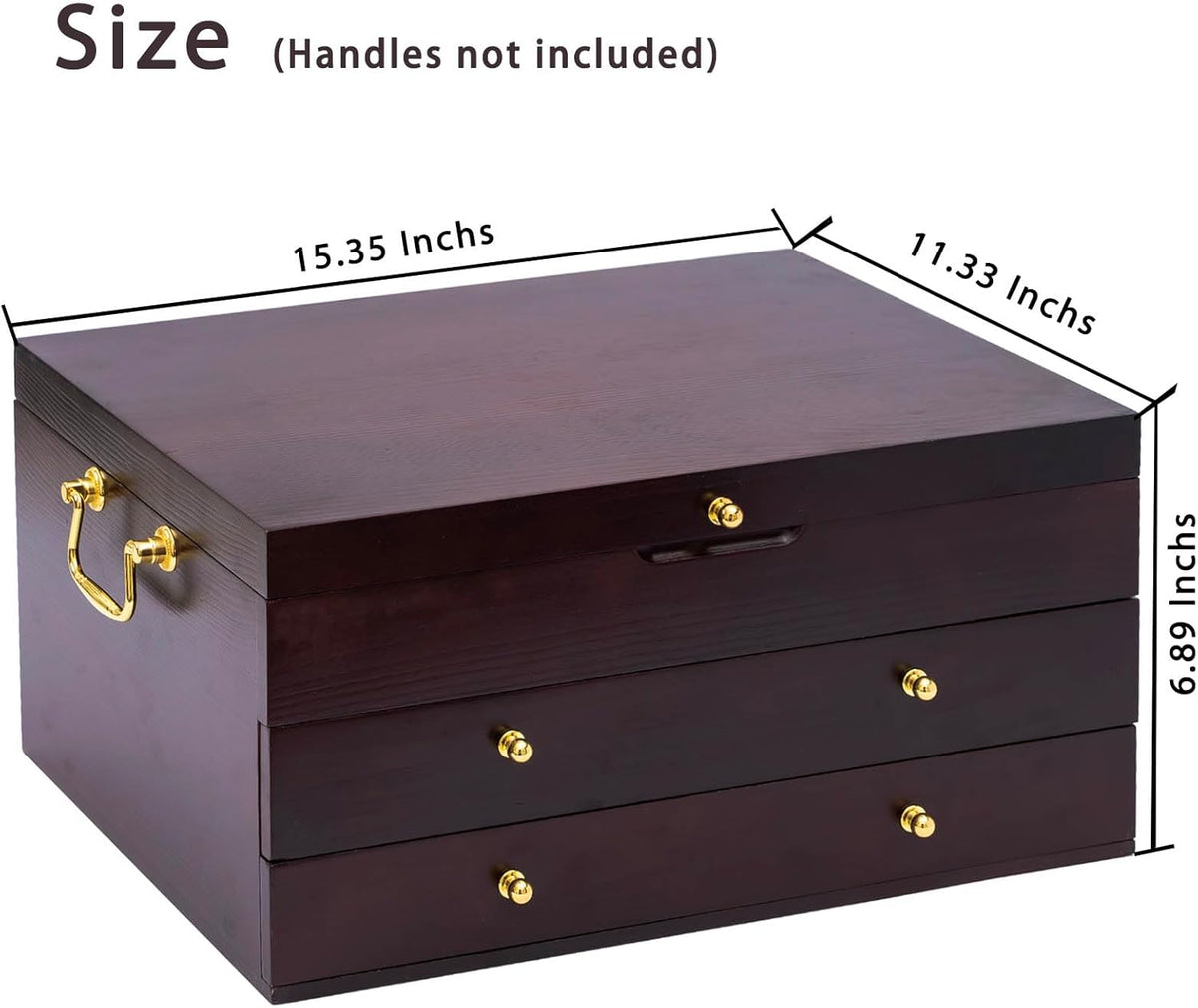 GENRICE Wooden Silverware Chest without Silverware Three-layer, Silverware Box Storage for Silver, Silverware Case with Handle and Felt Lined, Flatware Chest for 12 or 16 or more sets of Utensils