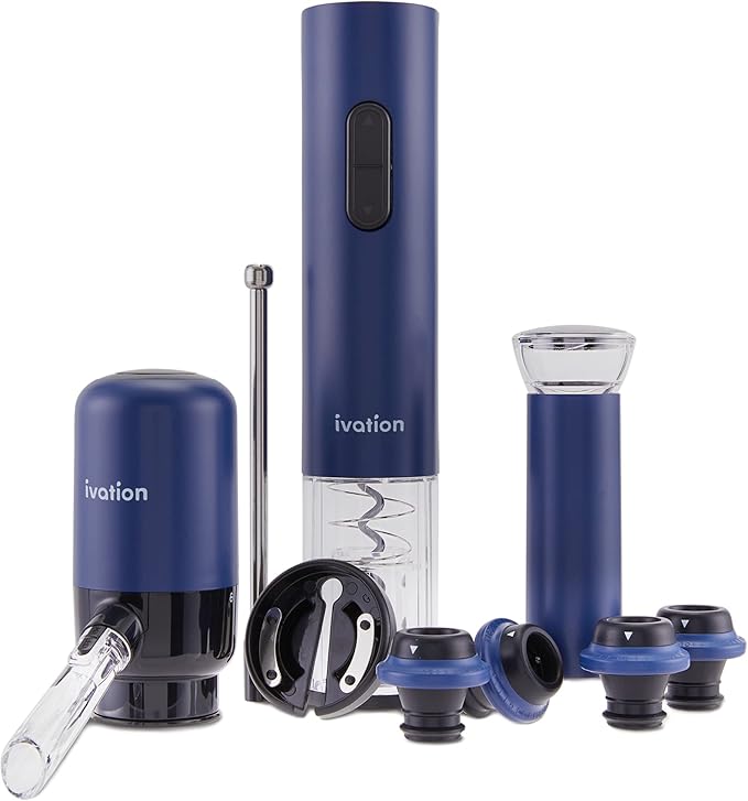 Ivation All-in-One Wine Gift Set – Includes Electric Bottle Opener, Aerator Dispenser, Preserver Pump, 2 Cork Stoppers, Foil Cutter & Gift Box
