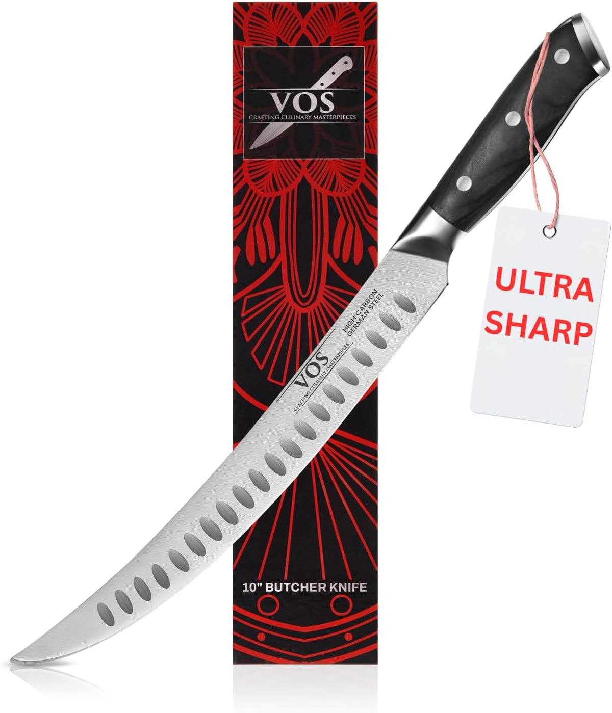 Vos 10" Breaking Knife & Butcher Knife – German Steel Brisket Slicer with Ergonomic Handle, Razor Sharp Blade, Full Tang Carving Knife for BBQ & Meat, Includes Gift Box