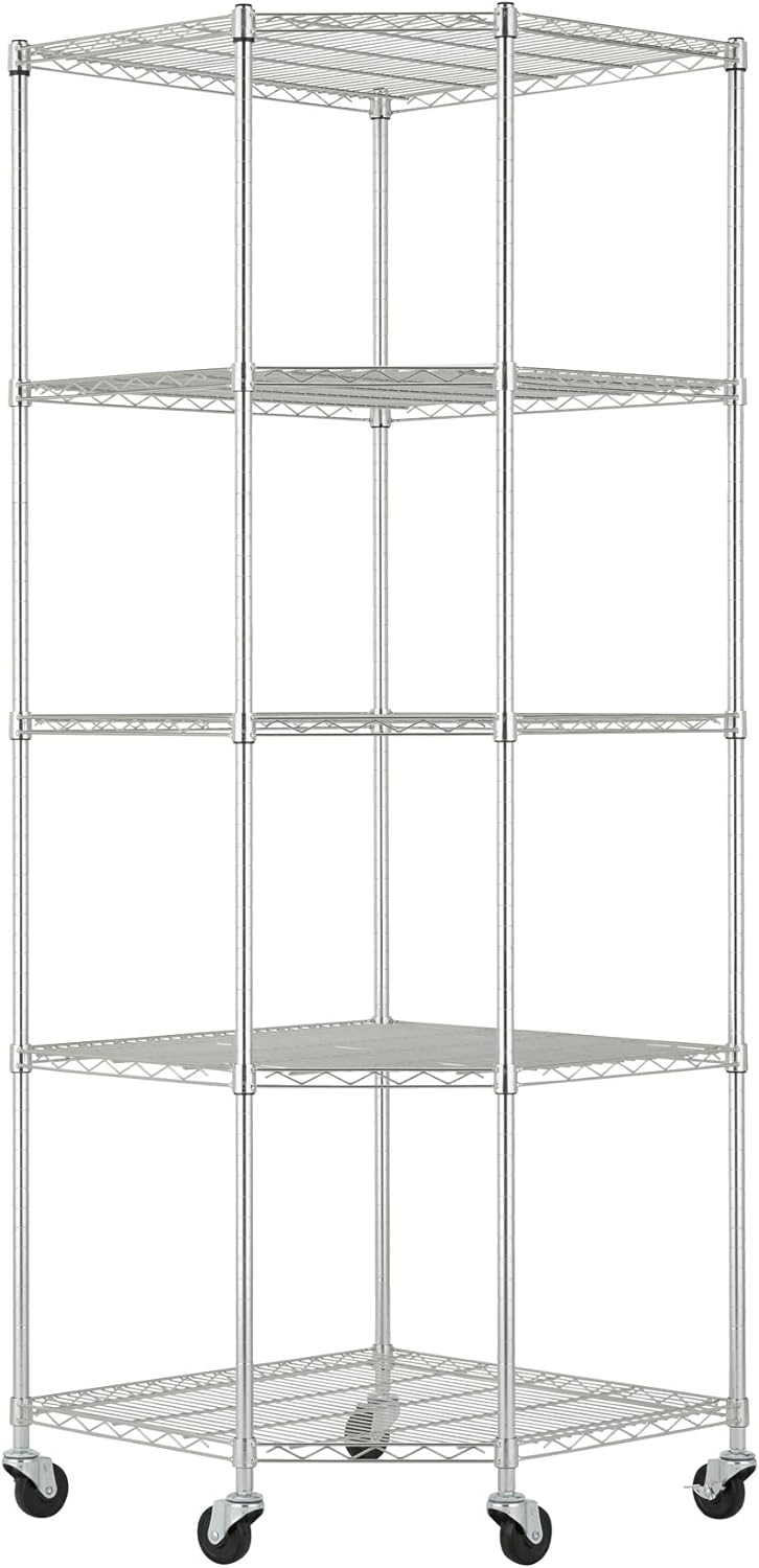 5-Tier Adjustable Wire Shelving with Wheels, Corner Wire Shelf Rack for Kitchen Organization, Garage Storage, 400 to 2000lb Capacity, NSF Certified, 27”x27 x18”x72”, EcoStorage Chrome