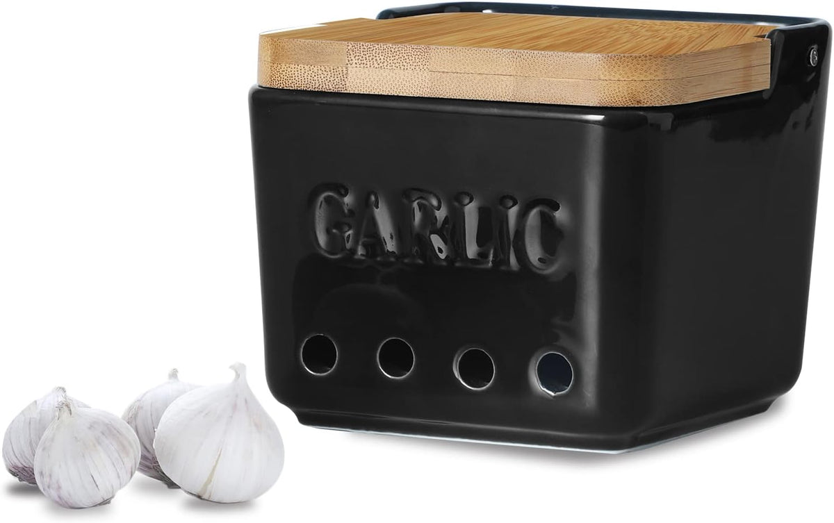 ONTUBE Garlic Keeper with Lid, Ceramic Garlic Holder Storage, Garlic Container for Kitchen, Garlic Saver to Keep Your Garlic Cloves Fresh Longer 4.7-Inch, Black
