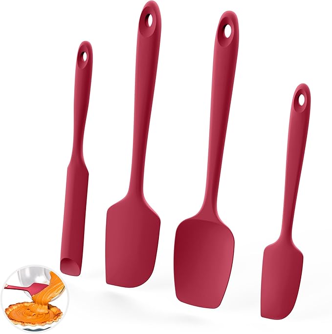 U-Taste 600ºF Heat Resistant Silicone Spatulas: Flexible Food-Grade Silicon Baking Scraper, Kitchen Cooking Mixing Utensils with Upgraded Sturdy Handle Tip for Nonstick Cookware (4-Pc., Red)