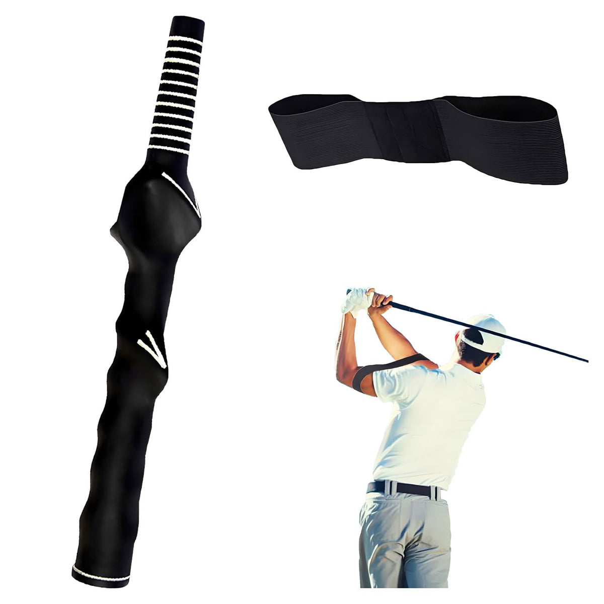 Golf Grip Swing Training Aids Right-Handed Golf Trainer Grips with Swing Correcting Arm Band Golf Swing Trainer Arm Band Attachment Golf Training Combo for Teenager Adult and Beginner(Black)