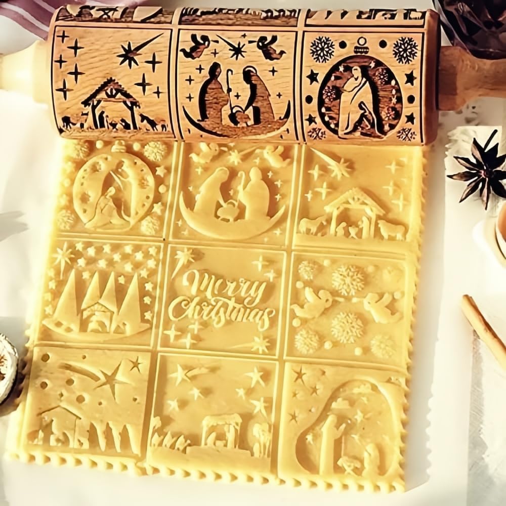 Christmas Wooden Rolling Pin for Baking,Engraved Embossing Rolling Pin Cookie Stamps Roller Square Grid Cookies Mold Kitchen Decor Tools for Kids Adults(Jesus Nine Palaces)