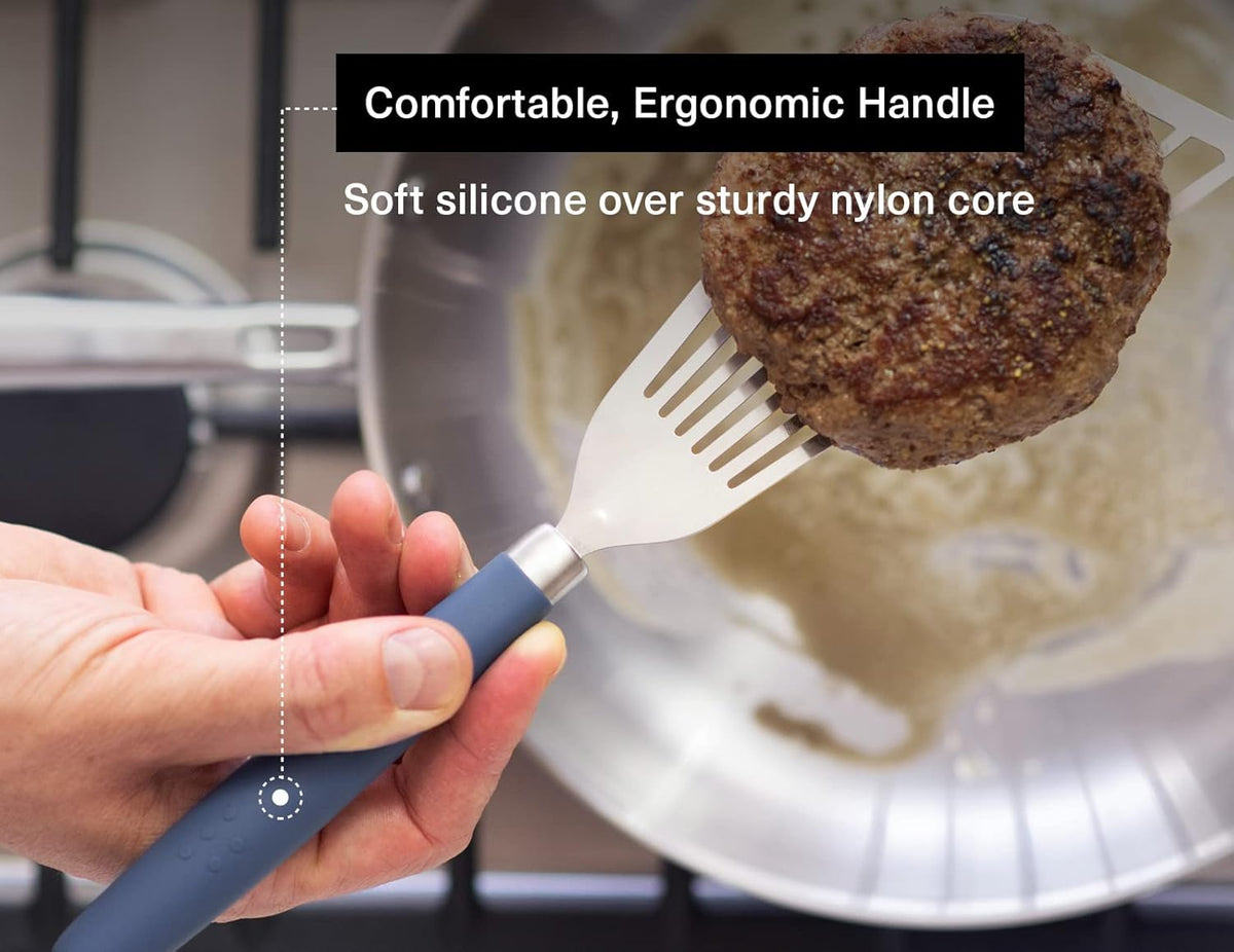 Misen Fish Stainless Steel Spatula - Slotted Turner for Cooking - Perfect for Frying - Heat Resistant - Dishwasher Safe -1mm Thick Flexible Flipper - Soft Silicone Grip Handle for Easy Use