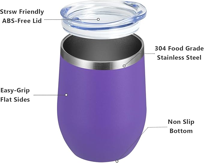 MEWAY 12oz Wine Tumbler 16 Pack Bulk Gifts for Women,Double Wall Vacuum Stainless Steel Travel Mug with Lid,Insulated Stemless Wine Cup Glass for Coffee,Cocktails,Drinks(Purple,Set of 16)