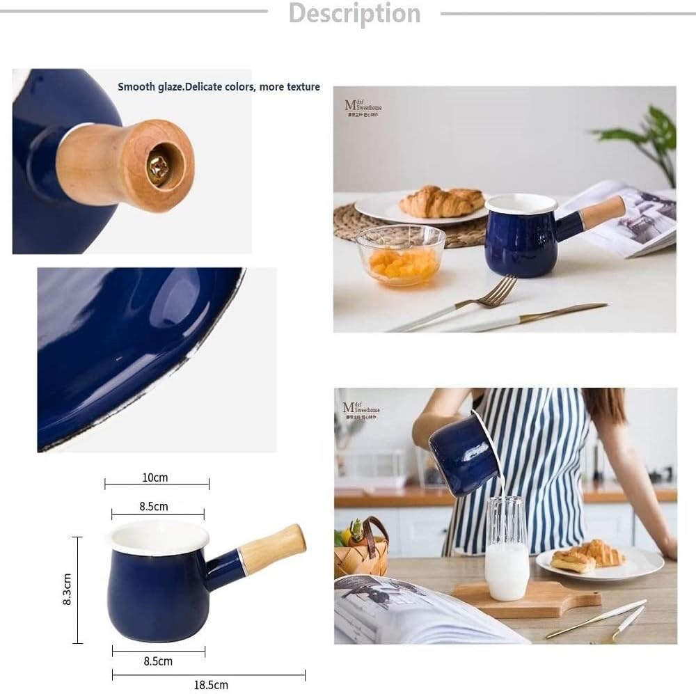 Enamel Milk Pot, Small Enamel Saucepan Milk Pot Butter Warmer 4 Inch 17 Oz Enamel Small Sauce Pan with Wooden Handle, Perfect Size for Heating Smaller Liquid Portions. (Blue）