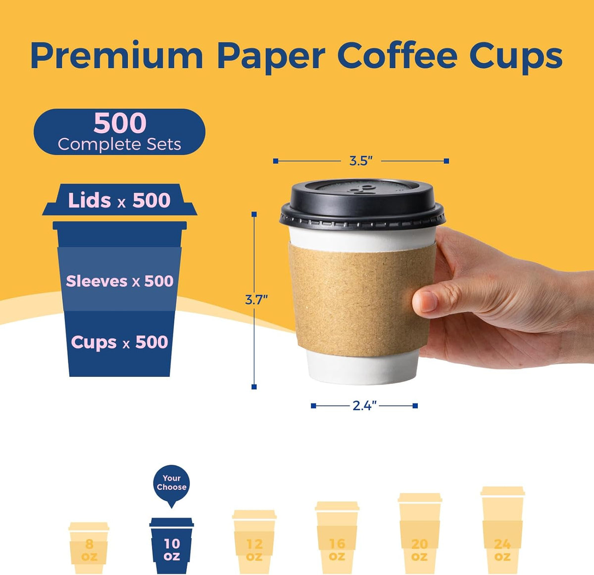 Fit Meal Prep 500 Pack 10 oz Disposable Coffee Cups with Lids, Sleeves, Leak-Proof To Go Coffee Cups with Lids, Durable Paper Cups for Hot Beverage, Home, Office, Party