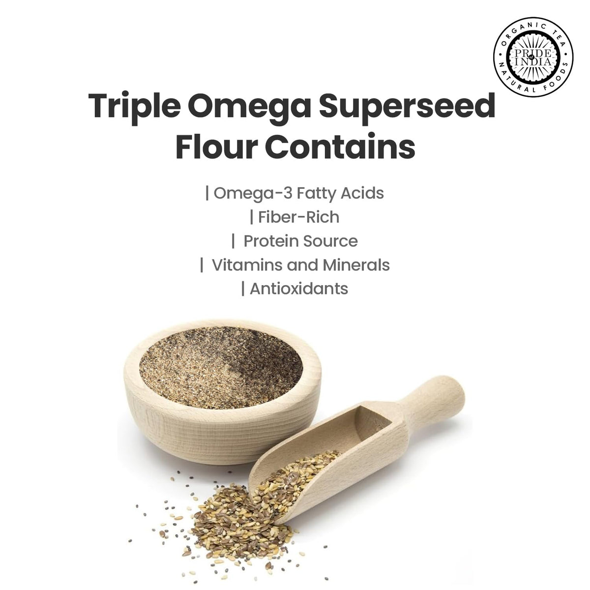 Pride of India- Triple Omega Superseed Flour 1 lbs (454 gm) Nutty Earthy Taste Milled in Small Batches | Chia Flax Sesame Seed mix | Ideal for Muffins Smoothies Oatmeal Pudding | Vegan, Gluten-Free