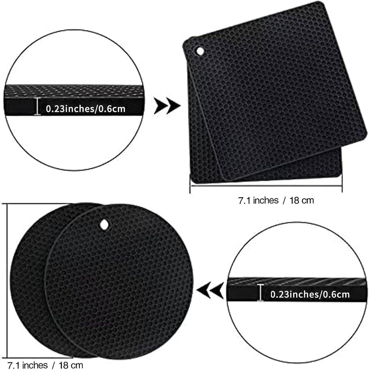 Joyhalo Trivets for Hot Dishes - Hot Pads for Kitchen, Silicone Pot Holders for Hot Pots and Pans, Silicone Mats for Kitchen Countertops, Table, Flexible Easy to Wash and Dry, Black