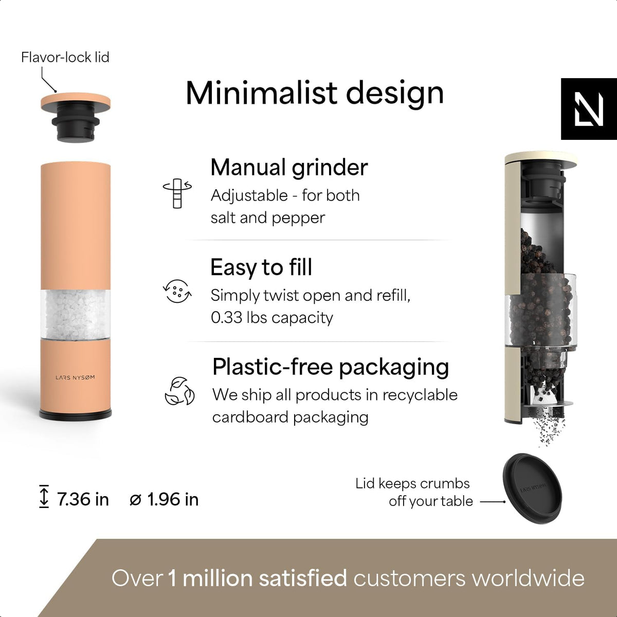 LARS NYSØM Salt and Pepper Grinder Set Manual, Stainless Steel Salt and Pepper Mills with Adjustable Ceramic Grinder I Design Spice Shakers (Peach/Beige)