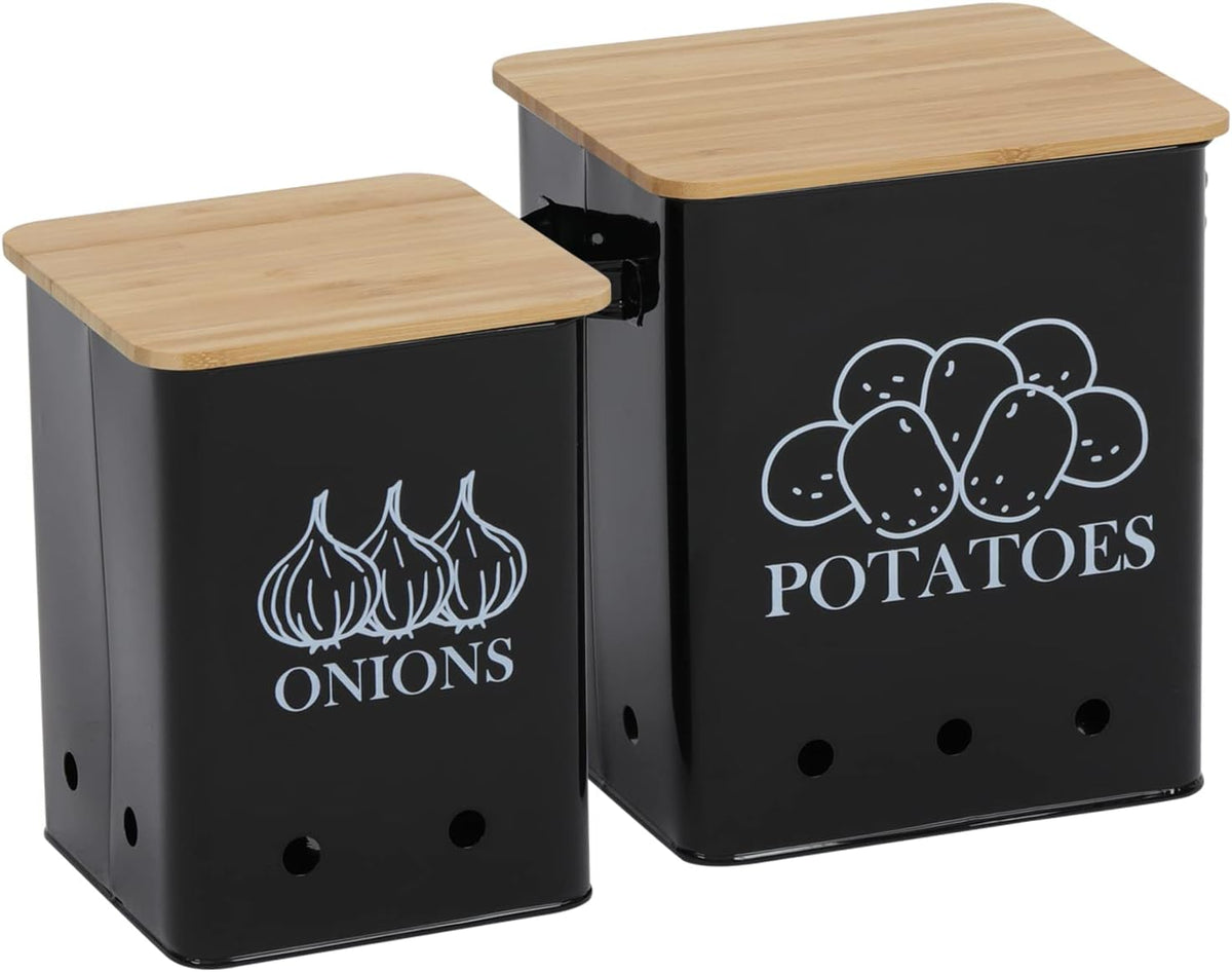 Kitchen Vegetable Storage Tins Set of 2 for Potatoes, Onion, with wooden lid Garlic Bin Caddy, Long Shelf Life-Black