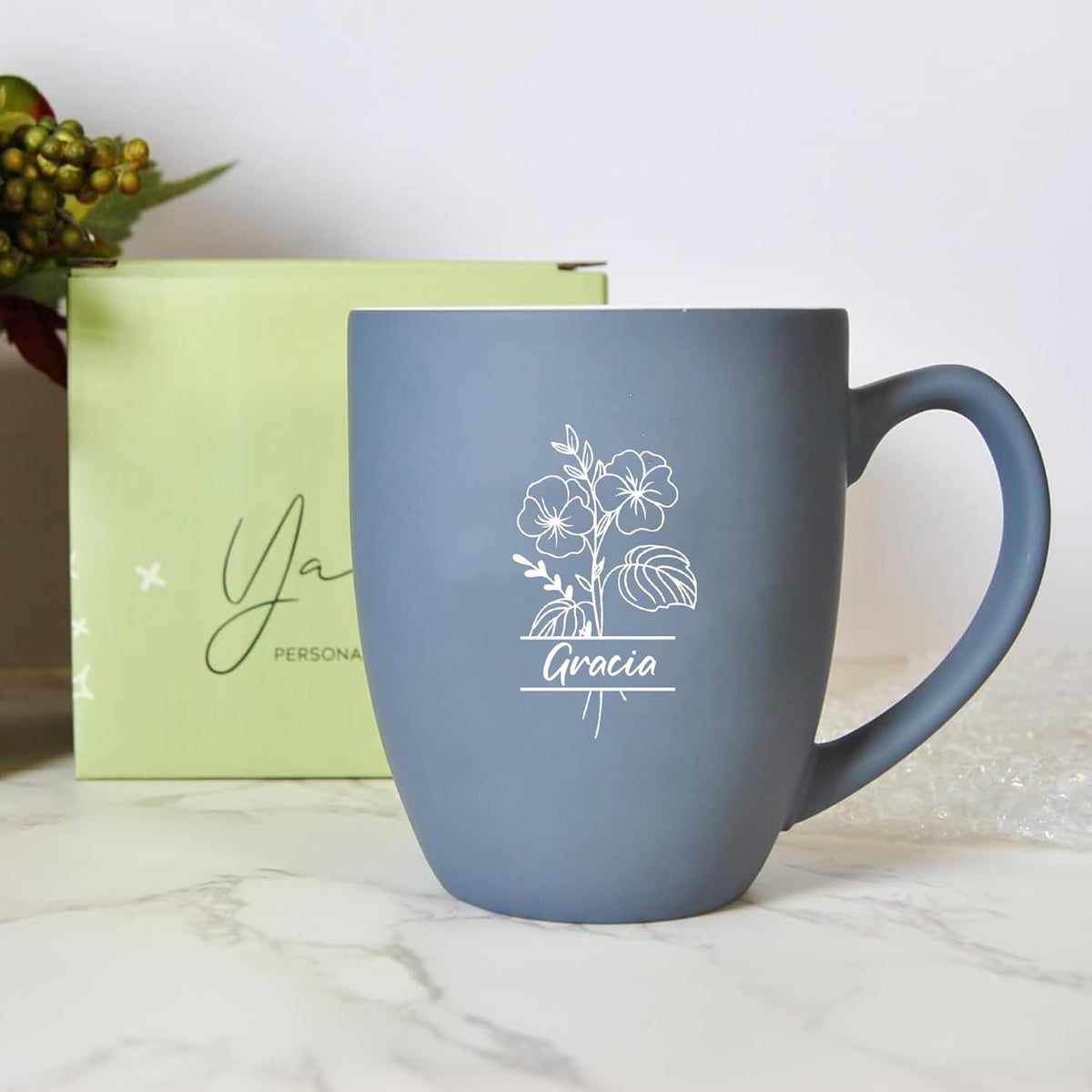 Personalized Coffee Mug, 16oz Engraved Ceramic Birth Flower Mug for Women With Custom Name & Text, Personalized Gifts for Birthday, Valentine, Christmas, Grandma, Wife, Mom, Friends