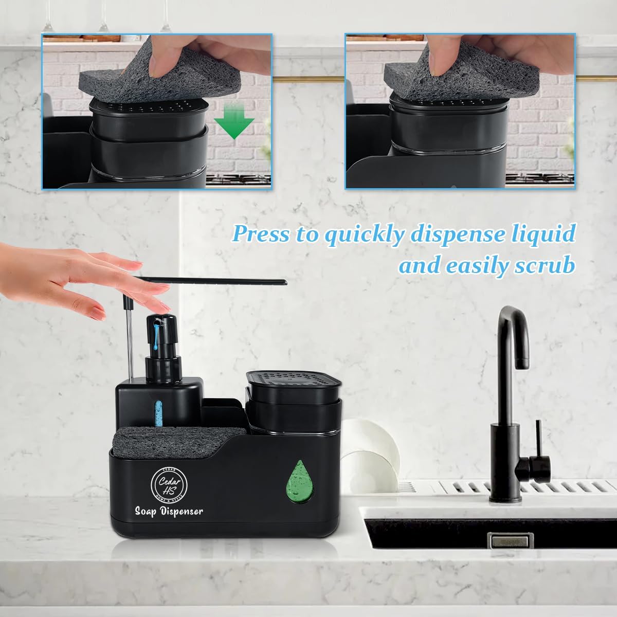 Kitchen Hand and Dish Soap Dispenser Set (Black) – Dual Pump Bottles with Sponge Caddy, Brush Holder, Towel Bar & Drain Rack – Space-Saving Countertop Organizer for Sink & Bathroom