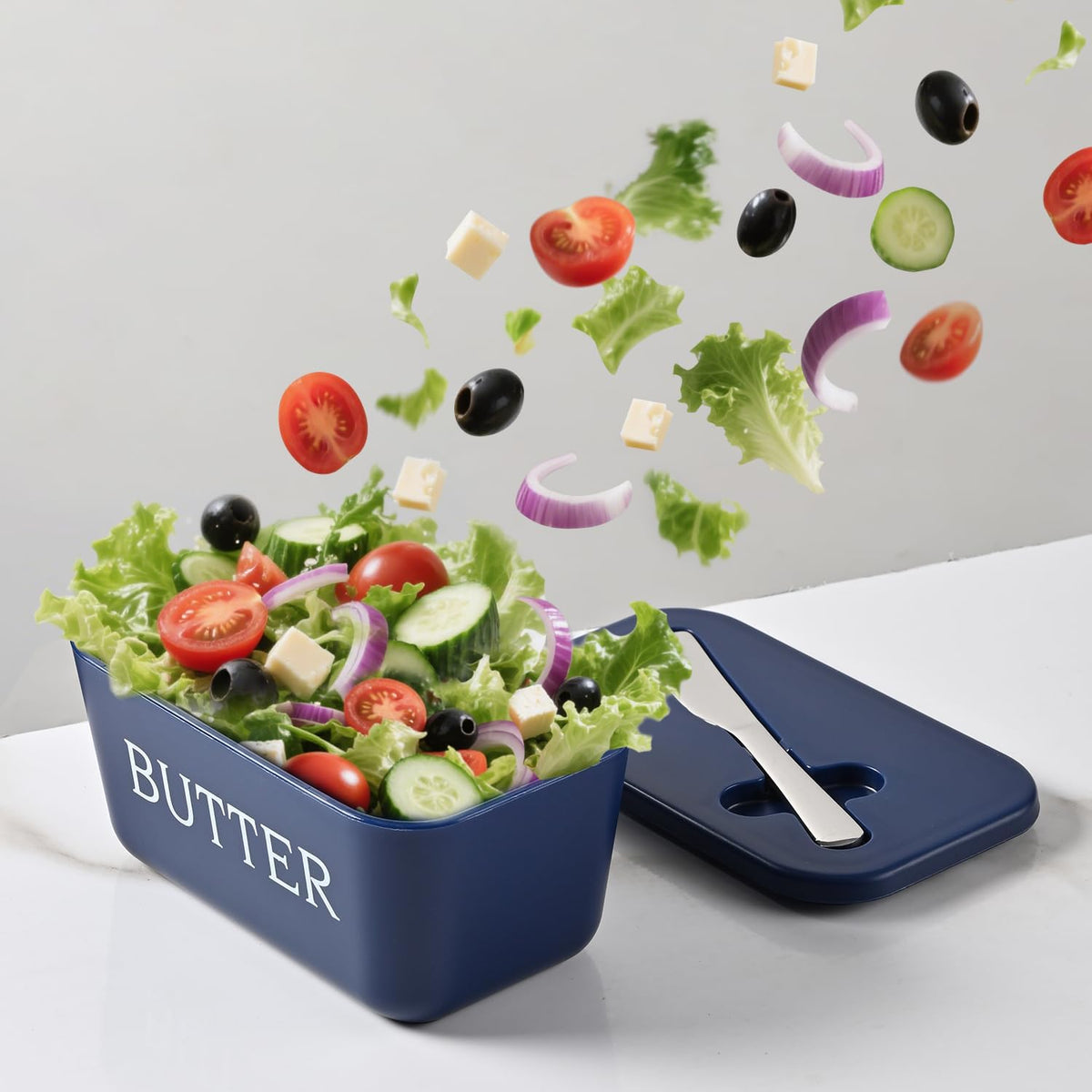 Butter Dish With Lid And Knife,BPA Free Food Grade Plastic Butter Keeper Containers With Cover For Home Coutertop And Refrigerater,Blue Butter Holder