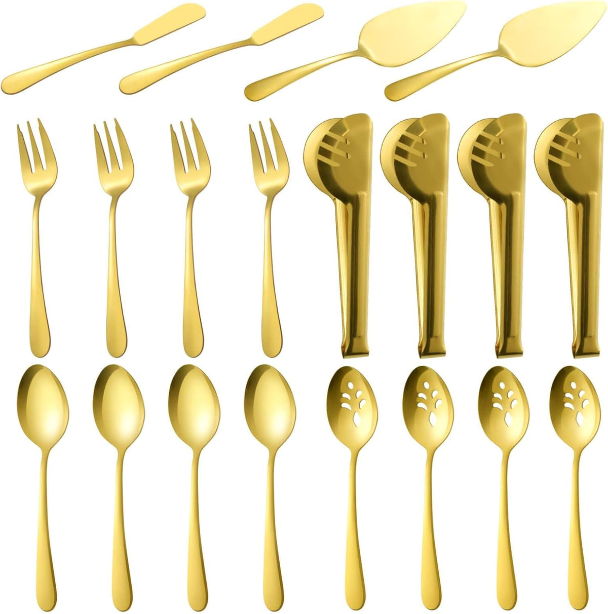 BEWOS Gold Serving Utensils, 20-Piece Serving Utensils set, Gold Serving Spoons, Slotted Spoons, Tongs, Forks, Cake Server, Butter Knife, Stainless Steel Serving Utensils for Parties, Dishwasher Safe