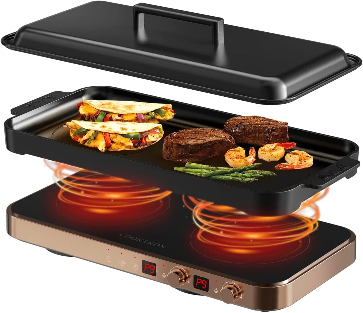 Portable Compact 2 Burner Induction Cooktop Electric Stove w/Smokeless Cast Iron Griddle Grill & Temperature Control & Child Lock, Rose Gold