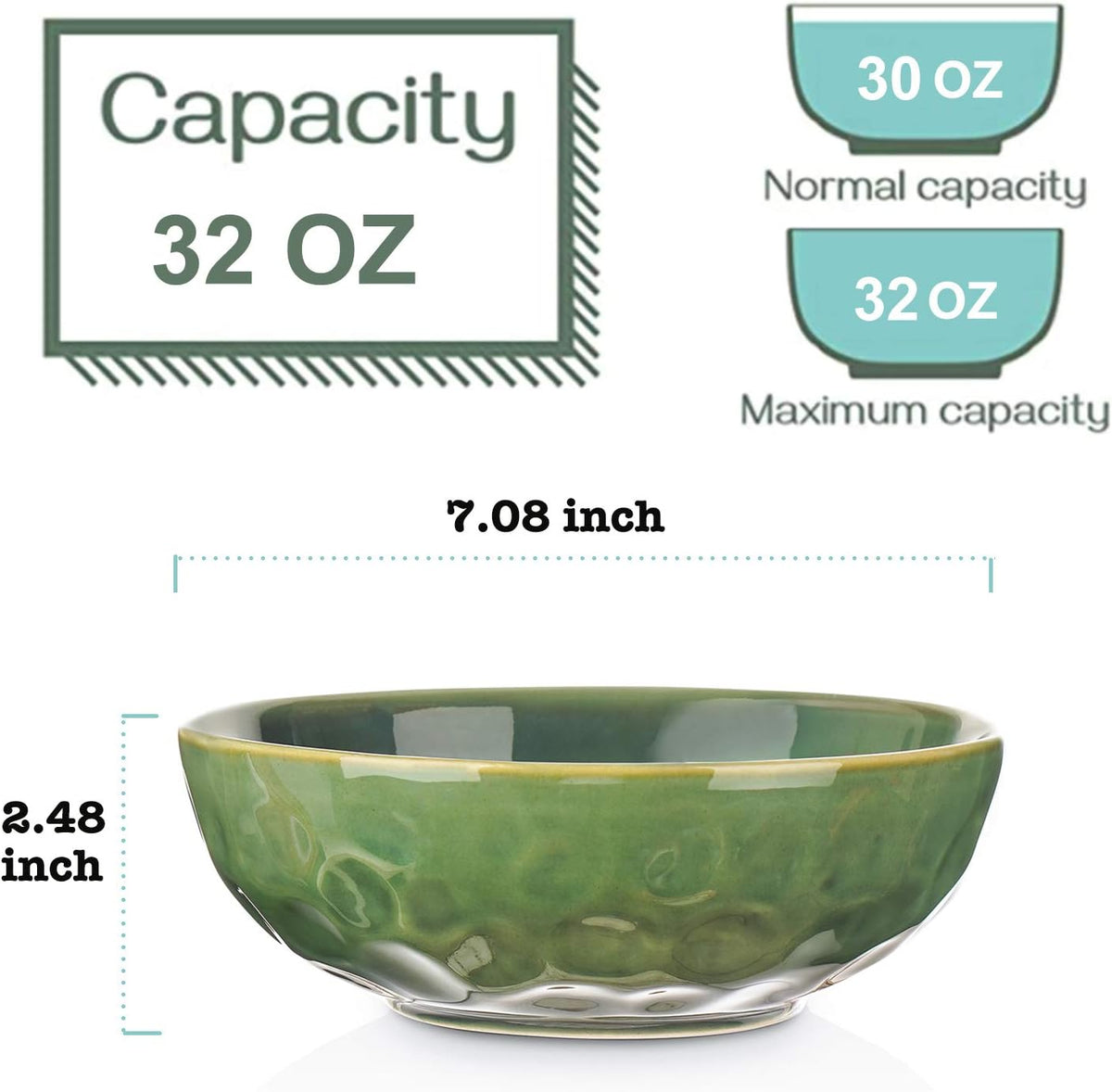 vicrays Ceramic Pasta Bowls Set, 32 Ounce Soup Bowls, Large Salad Bowls, Chip Resistant, Dishwasher Microwave Safe, Fluted stoneware Bowls for Kitchen, Serving Bowls, Set of 6 (Green)