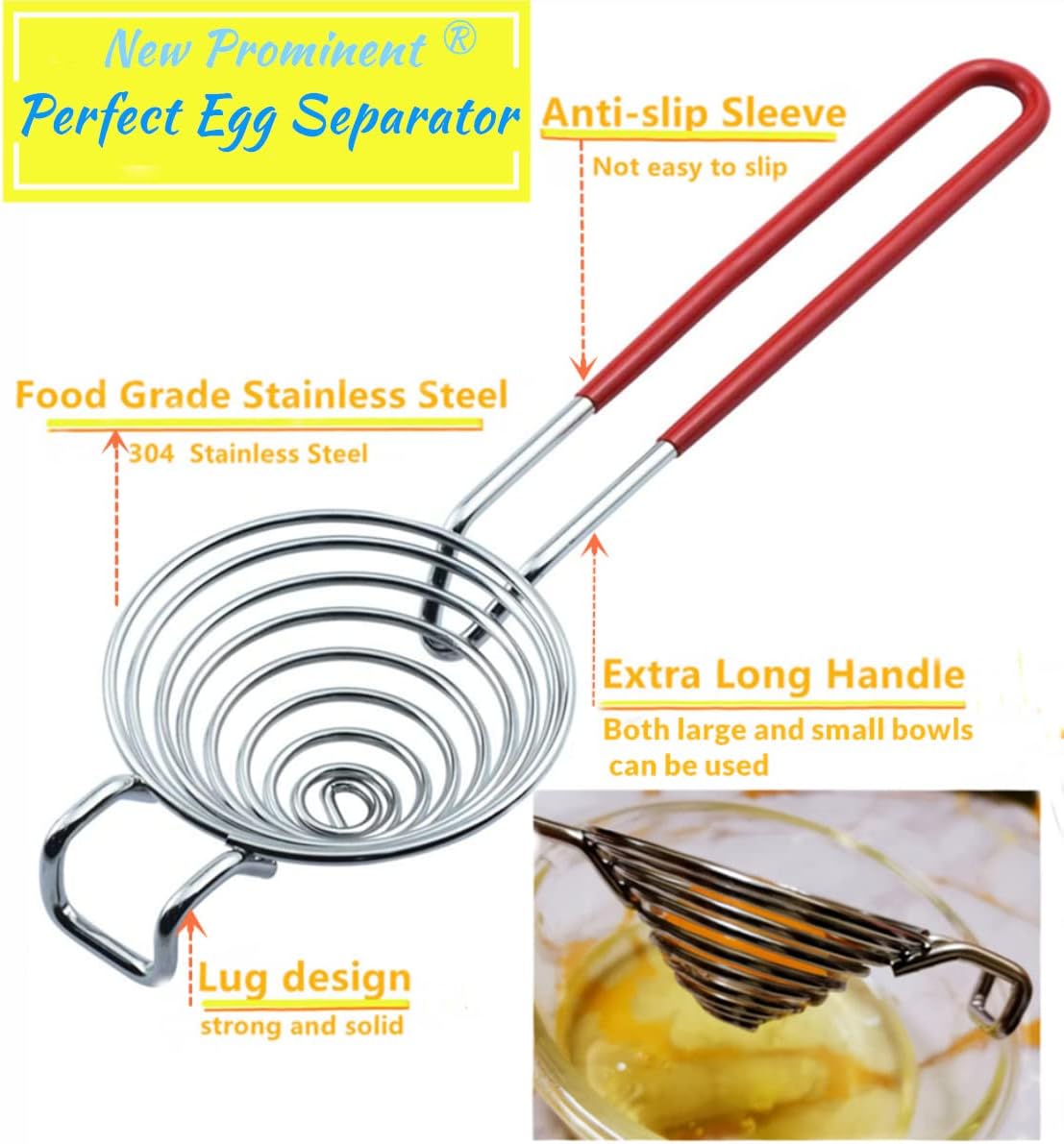 Egg Separator Egg Yolk White Separator Separation Tool Duck Eggs Separators Stainless Steel Egg Yolk Filter Long Handled Separator Divider Egg White Seperater For Cooking Baking And Stirring （Red)