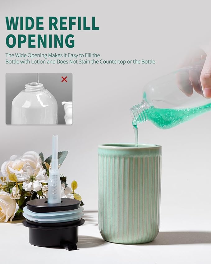 BosilunLife Dish Hand Soap Dispenser - Liquid Pump Soap Dispenser for Bathroom Deco Light Green 12oz Ceramic Kitchen Dish Dispenser with Rust-Proof Liquid Pump Modern Refillable Lotion Bottles