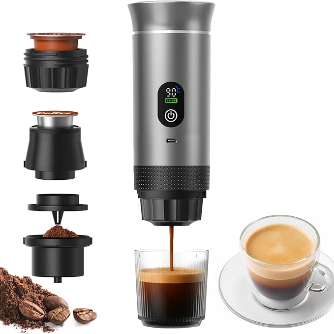 Portable 3-in-1 Espresso Coffee Maker, Self-Heating & Rechargeable with Smart Display — Works with Ground Coffee, Small & Large Capsules; Travel & Camping Mini Machine, 20-Bar Extraction, 80 ml Cup