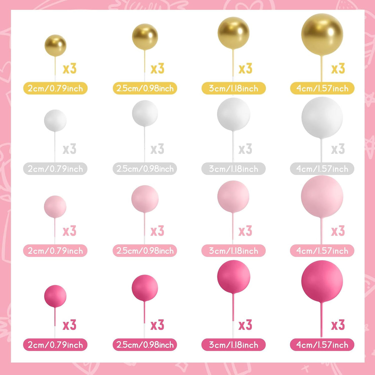 48 Pcs Balls Cake Topper Decorations Balloon Cupcake Toppers Foam Cake Topper Balls Cake Balls Decorations for Birthday Party Wedding Anniversary Cake Decorating (Rose Red, Pink, White, Gold)