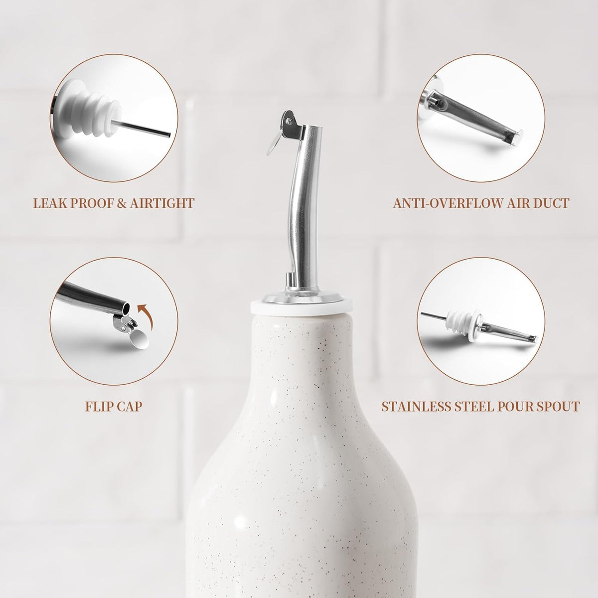 famiware Milkyway 16oz Ceramic Olive Oil Dispenser Bottle, 1 Piece Oil Dispenser for Kitchen with Stainless Steel Pourers, Suitable for Storage Vinegar, Soy Sauce, Coffee Syrup, Liquids, White