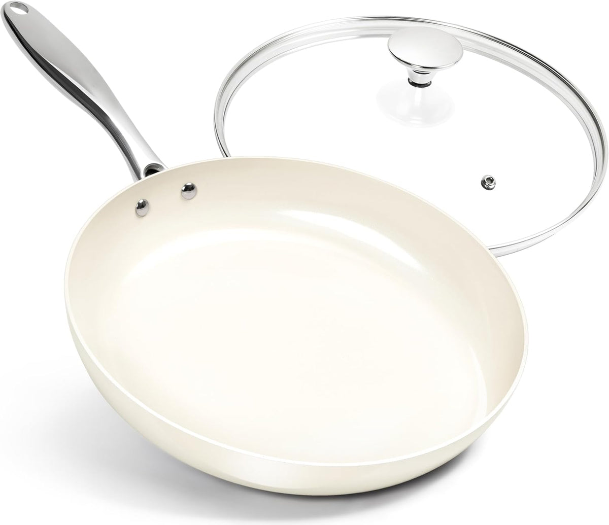 MICHELANGELO 12 Inch Frying Pan with Lid, Large Nonstick Skillet with Ergonomic Handle, Non-Toxic Ceramic Fry Pan, Oven-Safe, White