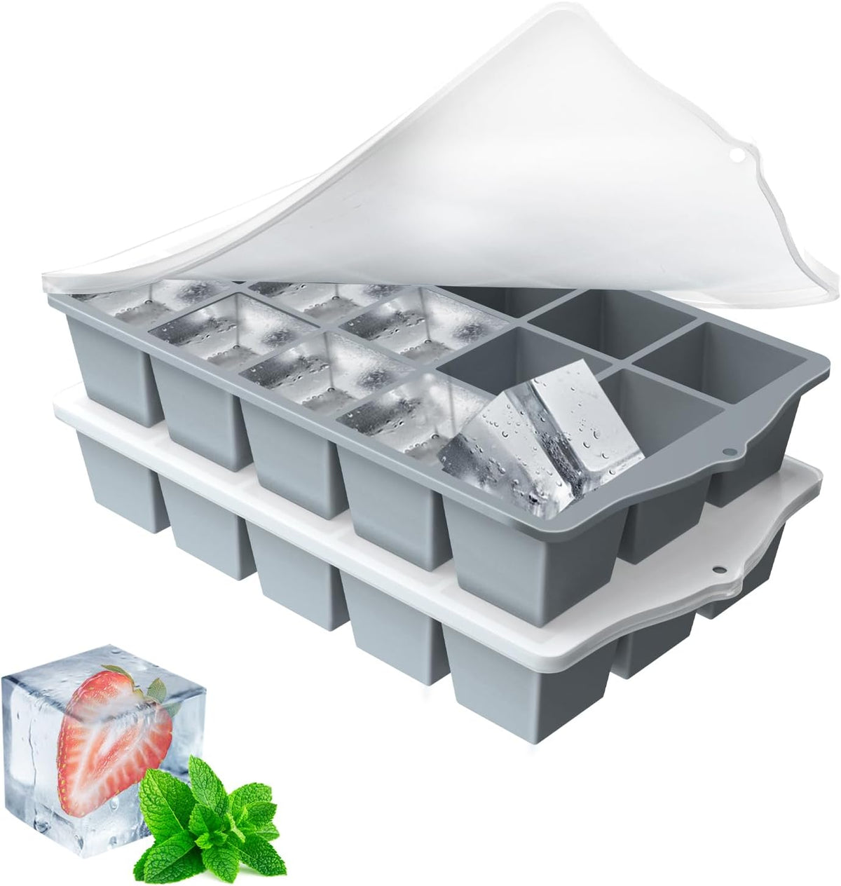 Silicone Ice Cube Tray, 2 Pack Easy-Release Stackable Ice Trays for Freezer with Lid 15 Reusable Cubes, Food Grade BPA Free Ice Molds for Whiskey, Baby Food, Coffee, Cocktail, Drinks (Grey)